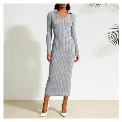 Produktbild von Strickkleid Damen Rippstrick Pulloverkleid Langarm V-Ausschnitt Figurbetontes Kleid Bodycon Midikleid Einfarbiges Freizeitkleid für Herbst und Winter