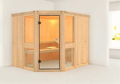 Produktbild von Elementsauna Karibu Omelia 3 ohne Ofen und Dachkranz mit bronzierter Ganzglastüre