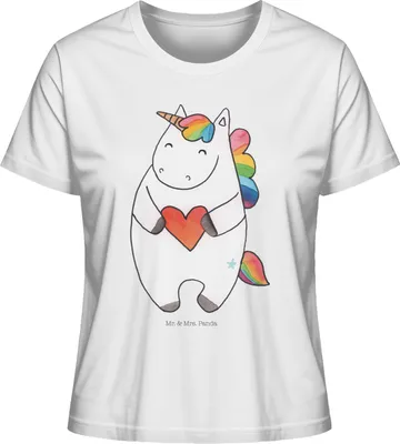 Produktbild von Mr. & Mrs. Panda Oberteil Damen Einhorn Herz Größe S - Weiß - Geschenk, Freundin, Kurzarmshirt, Sommershirt, Basic T-Shirt, Bunt, shirt, Baumwoll, Einhörner, Lustig