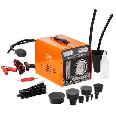 A car smoke leak detector machine with various accessories, including hoses, clamps, and adapters, arranged around it on a white background.