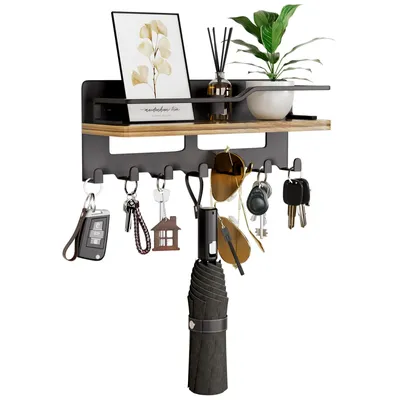 Produktbild von Schlüsselbrett mit Holzablage Schlüsselorganizer, Schlüsselhalter, 7 Haken + Ablagefläche