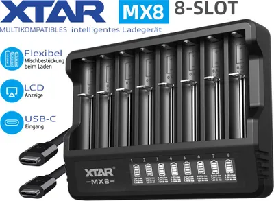 Produktbild von Xtar MX8 – Universelles Ladegerät für 1,5V; 3,6 - 3,7V Li-Ion & 1,2V Ni-MH Akkus