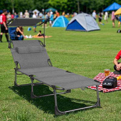 Produktbild von UISEBRT Schwarz Klappbare Strandliege mit 360° verstellbarem Sonnendach, 4-fach verstellbare Rückenlehne, PE Oxford-Gewebe mit Seitentasche für Garten und Strand