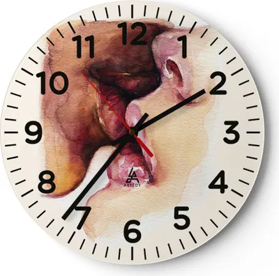 Produktbild von Wanduhr - Rund - Glasuhr - Kuss Mund Paar - 40x40cm - Schleichendes Uhrwerk - Lautlos - zum Aufhängen bereit - Dekoration Modern - Wanddekoration aus Glas - C4AR40x40-5051