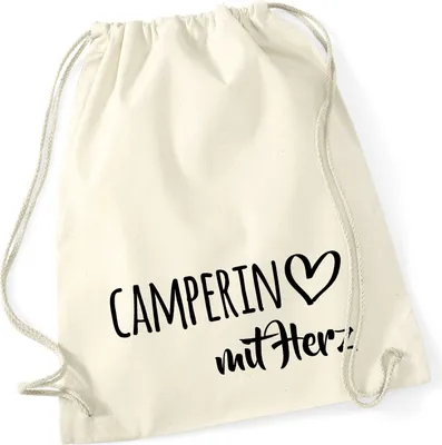 Produktbild von Huuraa Turnbeutel Camperin mit Herz 12 Liter Natural Baumwolle Rucksack Geschenkidee