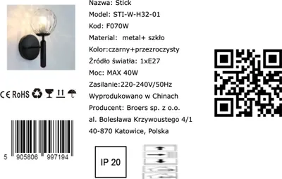 Immagine prodotto di Stick - lampada da parete moderna nera 32 cm