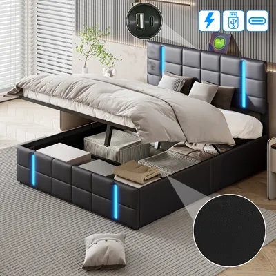 Immagine prodotto di Letto imbottito UnboxG 160x200cm con funzione di ricarica (USB&Typ-c), letto giovanile letto matrimoniale letto contenitore con LED, letto a molle idrauliche,Poliuretanonero