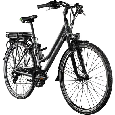 Produktbild von Zündapp Z802 mit Faltschloss E Bike Trekkingrad Damen ab 155 cm mit Nabenmotor Pedelec Trekking Fahrrad mit 21 Gang und Beleuchtung StVZO, Farbe:grau/grün, Rahmengröße:48 cm, Ausführung:mit Faltschloss