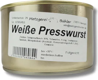 Produktbild von Weiße Presswurst Dosenwurst Wurstkonserve | Landmetzgerei Bühler – 200g