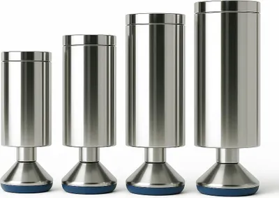 Four chrome-plated furniture legs of different heights are arranged in ascending order from left to right, against a white background.