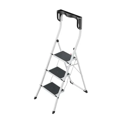 Produktbild von Hailo K75 ComfortLine Klapptritt - 3-stufige Trittleiter aus Stahl mit Sicherheitsbügel und Ablageschale - Arbeitshöhe bis 2,69 m - Gewicht: 6,8 kg - Weiß