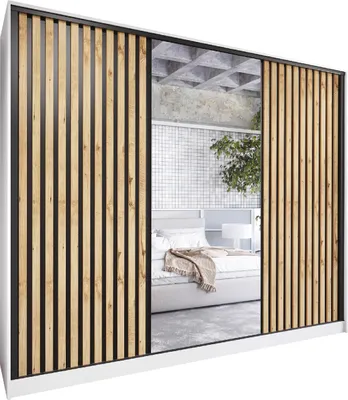 Produktbild von Schiebeschrank mit Spiegel und Schubladen LIPI D 270 weiß / wotan eiche / schwarz