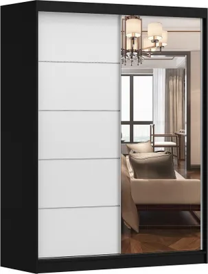 Produktbild von 2er-Set Schwebetürenschrank Schrank Kleiderschrank mit Spiegel Schwarz/Weiß 150cm Vista 05 mit Kommode 135cm FRIDA 01