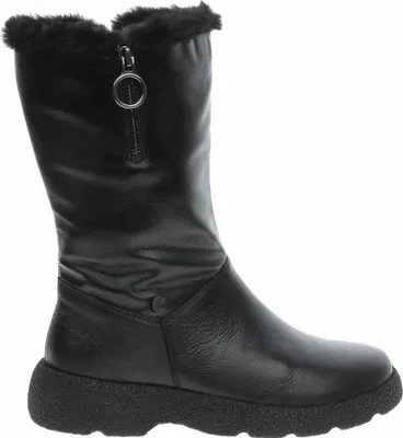 A studio shot of a black boot against a white background.