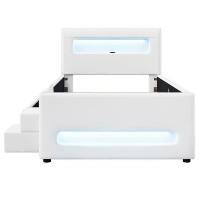 Produktbild von Flieks Polsterbett 90x200cm mit Led, Kinderbett Einzelbett mit Schublade und zweistufiger Treppe, Kinderbett mit Rausfallschutz, PU, Weiß