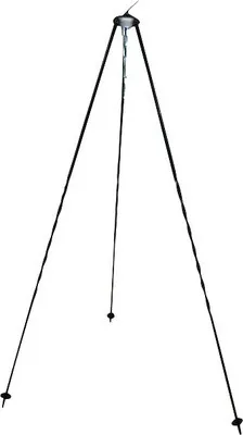 A black tripod stand with a chain and hook hanging from the center.