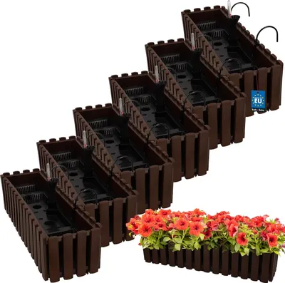 Produktbild von KOTARBAU® 6er Set Blumenkasten Balkon Blumentopf Selbstbewässernd 58x18x16cm Braun Kunststoff Blumentopf Balkongeländer Bewässerungssystem Blumenkastenhalterung Pflanzkübel Groß Außen
