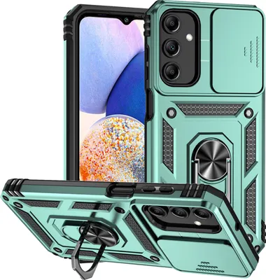 Image de Étui pour Samsung Galaxy A15 étui double couche avec couvercle coulissant pour appareil photo et anneau de support vert