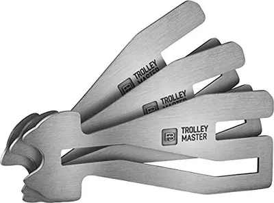 A set of stainless steel trolley coin keychains.