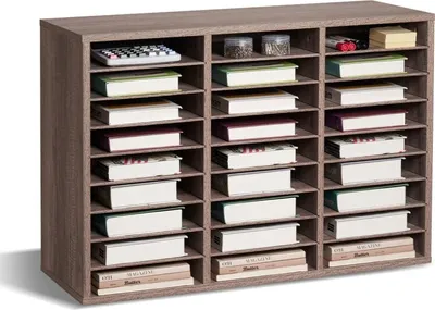 Immagine prodotto di Organizzatore di letteratura in legno con 27 scomparti - Ripiani rimovibili in nero-grigio - Sistema di organizzazione per libri e riviste