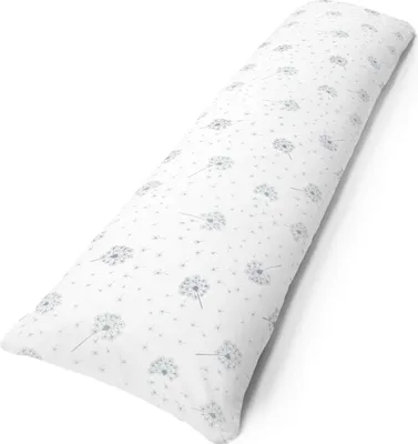 A long pillow with a dandelion pattern on a white background.