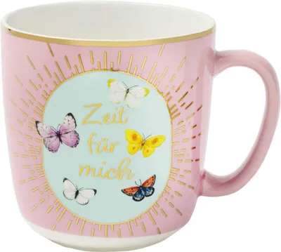 Kaffeebecher "Zeit für mich", 350 ml, Porzellan, gelb, Schmetterling
