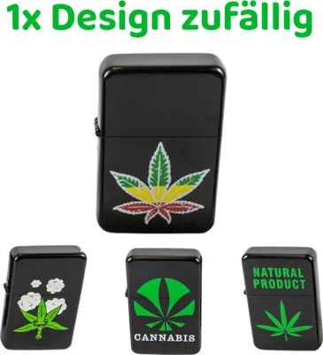 Produktbild von Cool Benzin-Feuerzeug schwarz Cannabismotiv zufällig, unbefüllt
