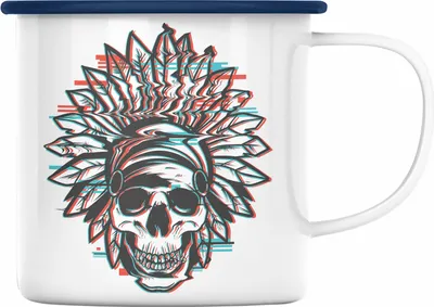 Produktbild von Trendation - Totenkopf Emaille Tasse Kaffee Frauen Mädchen Männer Tattoo Geschenk Damen Idee Grafik Farben (Blau)