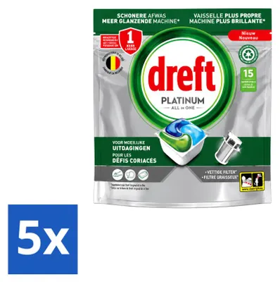 Produktbild von 5 x Dreft Platinum All-in-One Spülmaschinencaps - Vorteilspackung - 5 Stücke