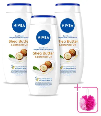 Imagen del producto de 3 unidades de gel de ducha Nivea, con manteca de karité y aceite botánico, 250 ml cada uno. Pack ahorro