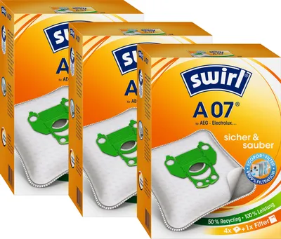 Three boxes of Swirl A07 vacuum cleaner bags are displayed in a studio setting against a white background.