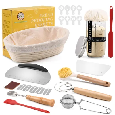 Image de Panier de fermentation ovale et kit de démarrage pour levain - Ensemble de 11 pièces pour la boulangerie