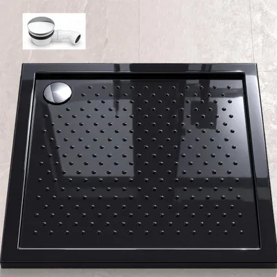 Produktbild von doporro Duschtasse Duschwanne 80x80x4 flach inkl. Ablaufgarnitur Schwarz aus Acryl mit Anti-Rutsch Profil und DIN-Anschlüssen auch für bodenebene Montage geeignet Lucia01