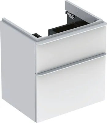 A white bathroom vanity with two drawers, shown from a diagonal angle.