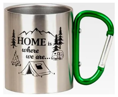 Produktbild von Campingbecher mit Karabiner, 220 ml, Metall, mehrfarbig bedruckt, grüner Griff