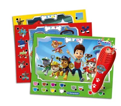 A collection of interactive learning cards for children featuring characters from Paw Patrol, along with a red electronic learning pen.