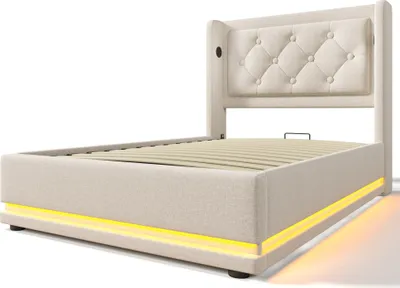 Produktbild von Polsterbett 90x200cm Einzelbett (Ohne Matratze) Hydraulisches Stauraumbett Mit USB Typ-C Ladefunktion und 3-seitige LED-Funktion Beige Baumwolle