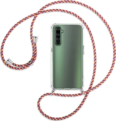 Produktbild von Handykette Backcover-Schutzhülle mit Band (Metall silberfarben) für Realme X50 Pro 5G - weinrot/gelb/grau