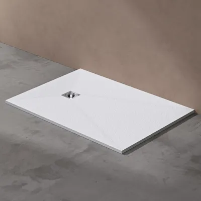Produktbild von doporro Duschwanne Duschtasse 100x140x3cm aus Mineralguss in Weiß Rechteckig DIN-Anschlüsse für bodenebene Montage geeignet inkl. Ablaufgarnitur AL006 Geoma 09