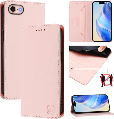 Produktbild von Lederhülle für iPhone 6/7/8/SE 2020/iPhone SE 2022 Hülle Flip Brieftasche Kartenfächern Ständer Schutzhülle Pink