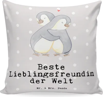 Produktbild von Mr. & Mrs. Panda Kissen 40x40 Pinguin Beste Lieblingsfreundin der Welt - Grau Pastell - Geschenk, Freundin, Herz, Dekokissen, Lieblings Mensch, für sofa, Love, Polster