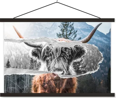 Produktbild von MuchoWow® Textilposter Schottisches Hochlandrind - Kuh - Schwarz - Weiß 90x60 cm mit schwarzem Rahmen - Aufhängungssatz