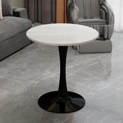 Zdjęcie produktu dla Czarny, okrągły stolik kawowy o średnicy 70 cm oraz stół jadalny w stylu Mid-Century Modern, przeznaczony dla 2-4 osób – imitacja marmuru, biały, stabilny stolik do salonu, kolor czarny