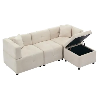 Produktbild von Merax Ecksofa, 3-Sitzer Sofa mit Schlaffunktion, Bettkasten, L-Form Wohnzimmersofa mit 2 Kissen, Couchgarnitur, Chenille, Beige