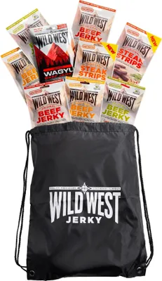 Produktbild von Wild West Beef Jerky Original Honey BBQ Jalapeno Steak Strips Wagyu 12x 25g Mix Box Tüten + Sportsbag Trockenfleisch Dörrfleisch Rind