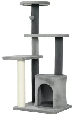 Image de Arbre à chat - Grotte pour chat - Plateformes - Poteaux en sisal - Jouet en peluche (balle) - Panneau de particules et peluche - Gris