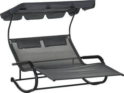 Outsunny Doppel-Sonnenliege Schaukelbank mit Sonnendach, Schaukelsessel mit Rollen, Gartenliege mit Kopfkissen, 220 kg Belastung, für 2 Personen, Dunkelgrau, 200x139x140cm