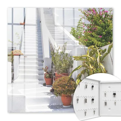 Produktbild von Metall Schlüsselkasten 30 x 30 cm - weißer Schlüsselschrank zur Wandmontage - wandhängende Schlüsselbox mit Tür - nach links öffnend - Schlüsselaufbewahrung für Flur - Büro - Arbeitszimmer - Werkstatt - Garage - Treppe mit Pflanzen
