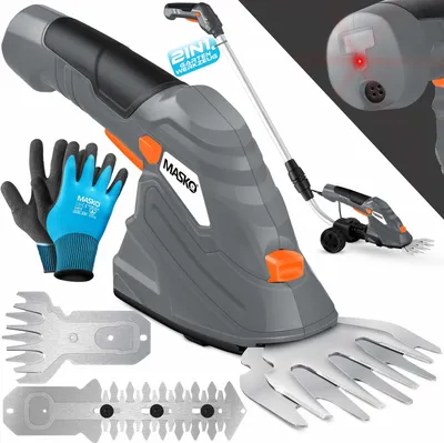 Produktbild von MASKO® Grasschere Strauchschere Set mit Akku 7,2V 2000mA/h + Ladegerät + Handschuhe elektrische Garten Heckenschere Rasenschere Inkl. Grasmesser + Strauchmesser + stiel Teleskopstange 90-130 cm Rädern