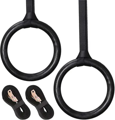 Immagine prodotto di Set di anelli per ginnastica - Anelli in legno - Allenamento della forza - Presa migliorata - Maniglie da 28 mm - Neri